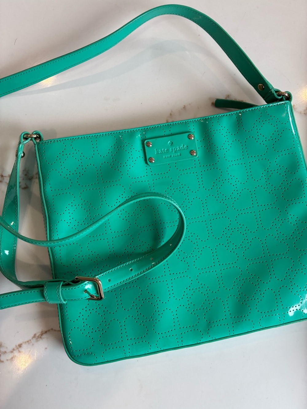 kate spade Teal Patent Shoulder Bag with Perforated Heart Pattern